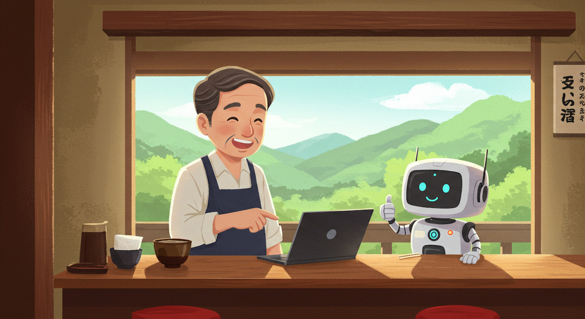 店主とチャットGPT君が楽しそうに会話をしている