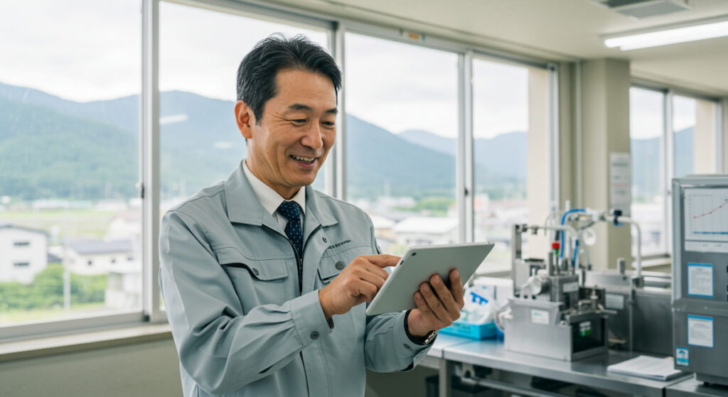 タブレットを見て微笑む長野県の中小企業の工場長。AI導入による業務改善と業績向上を表現している。