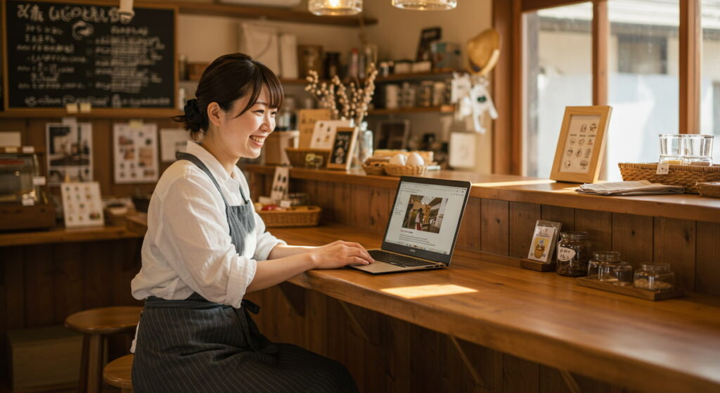 長野県のカフェでノートパソコンを操作する笑顔の女性店主。AIを活用したSNSでの情報発信を楽しんでいる様子。