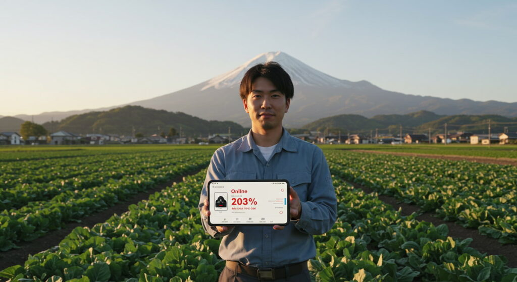 雄大な自然を背景に、スマートフォンでネットショップの売上を確認する長野県の若い農業者。 ``` 7. この手順を、残り2つのセクション(飲食店・小売店、農業)でも繰り返します。