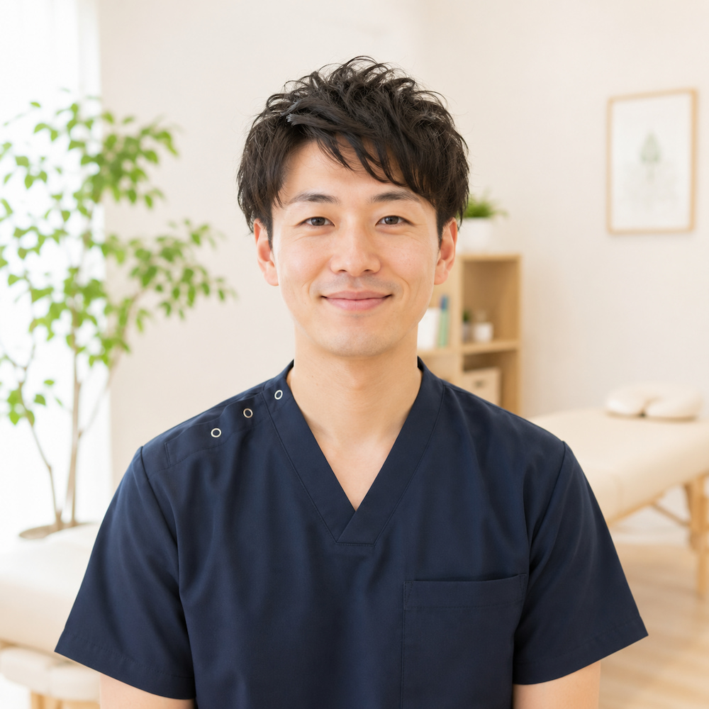 明るい整体院内で穏やかに微笑む男性スタッフ