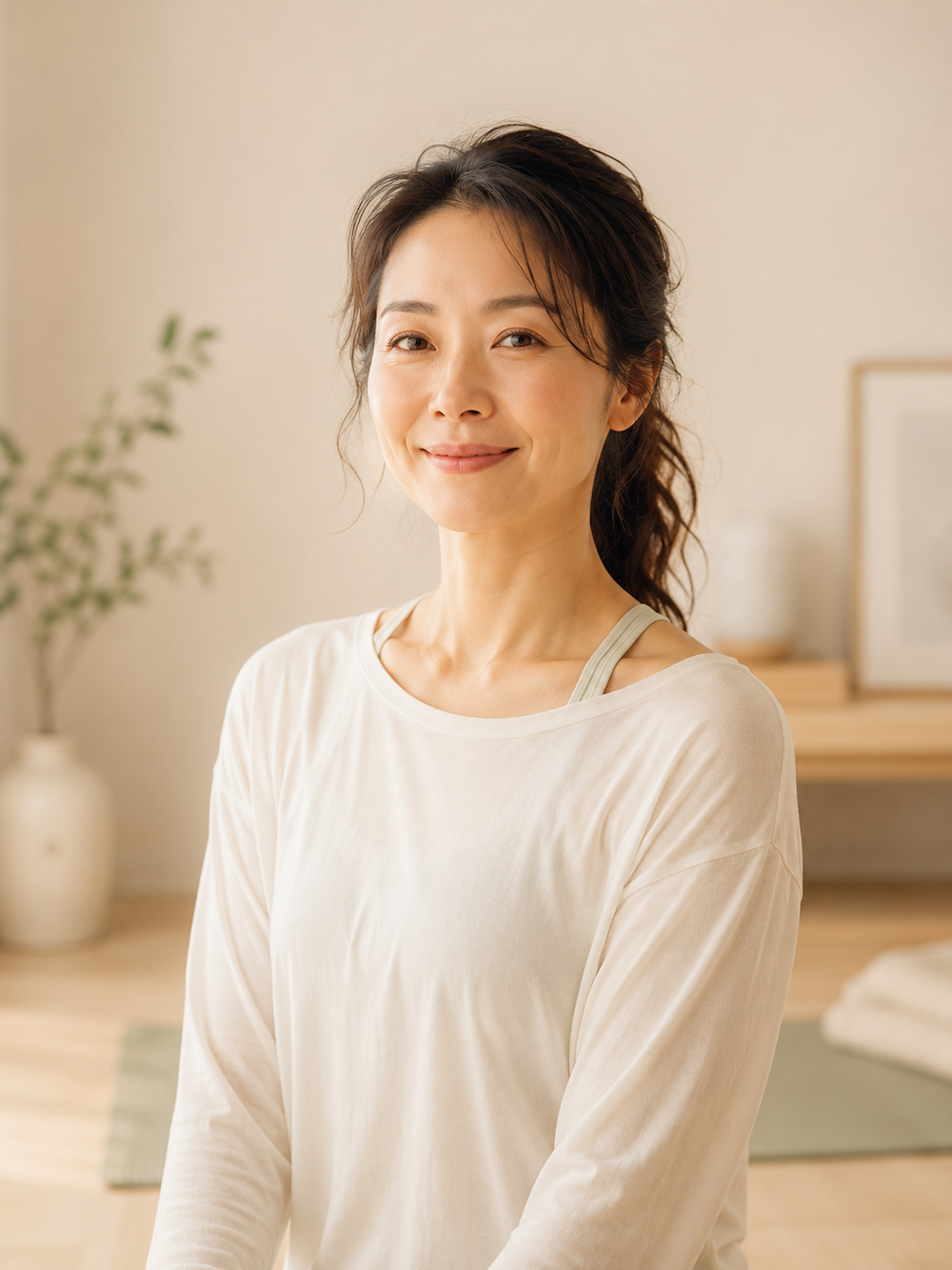 明るい室内で穏やかに微笑むヨガインストラクターの女性