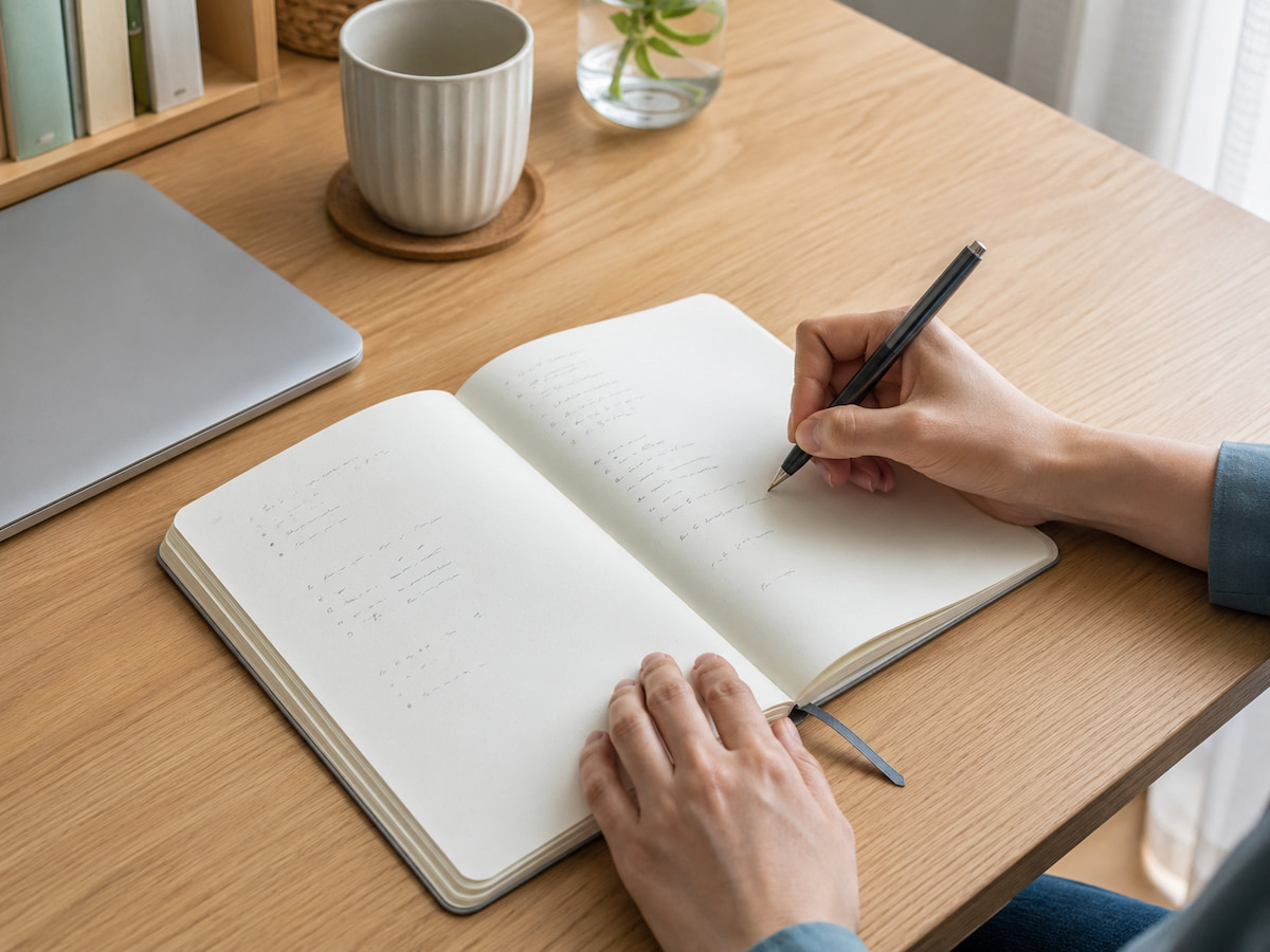 ノートに仕事の経験や考えを書き出す手元