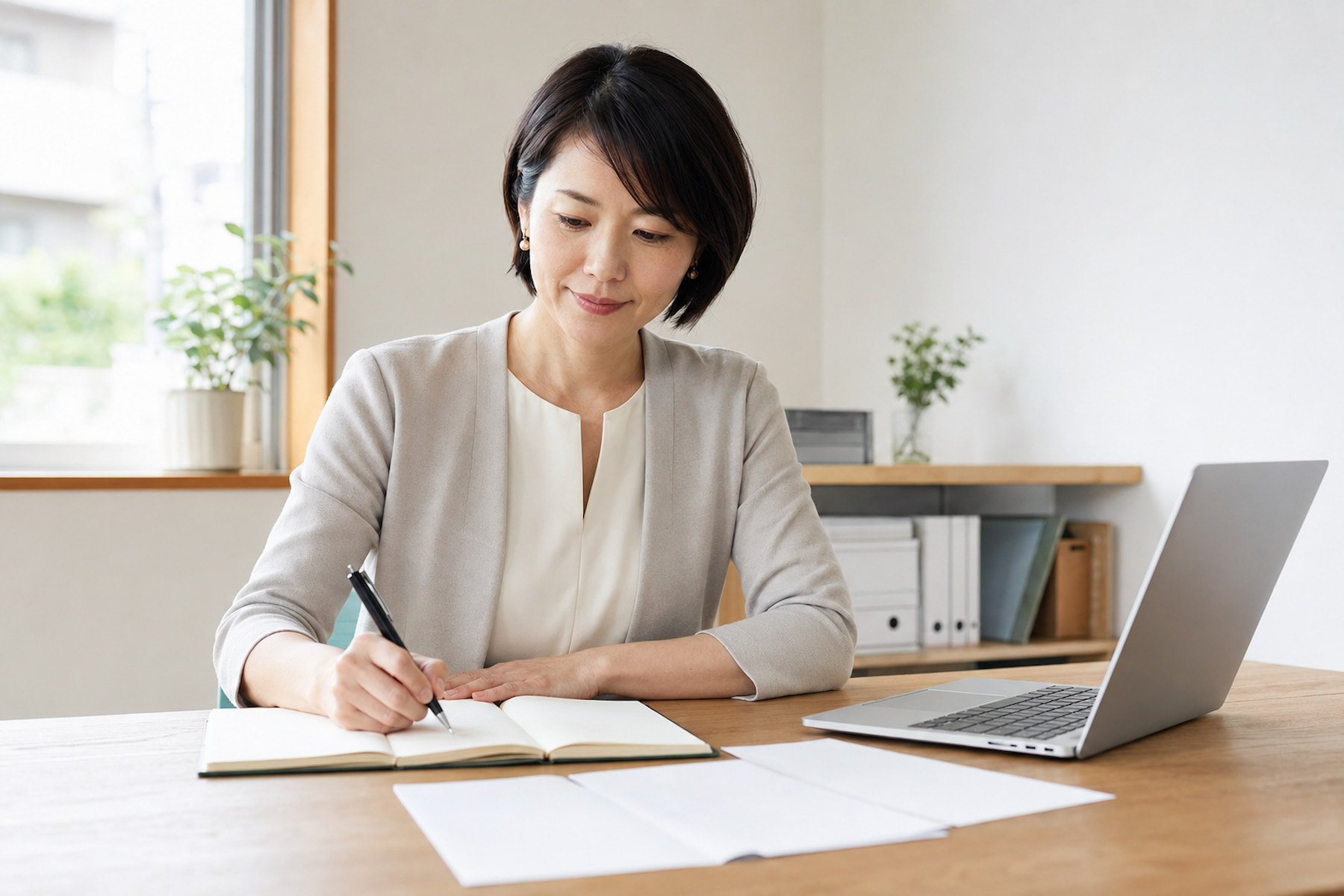 資料とノートを前に自社の計画を整理する小規模事業者