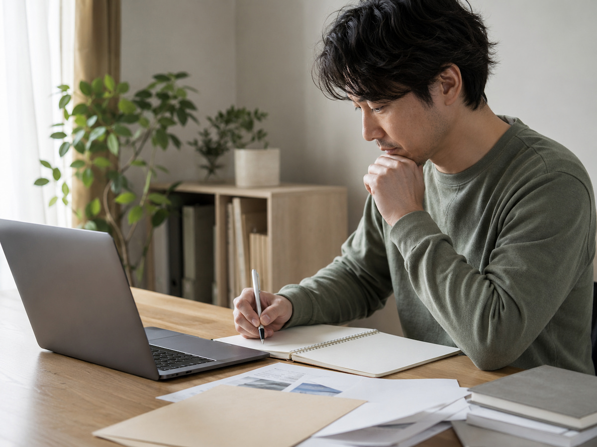 ノートとパソコンを使って仕事や経験を整理するフリーランス