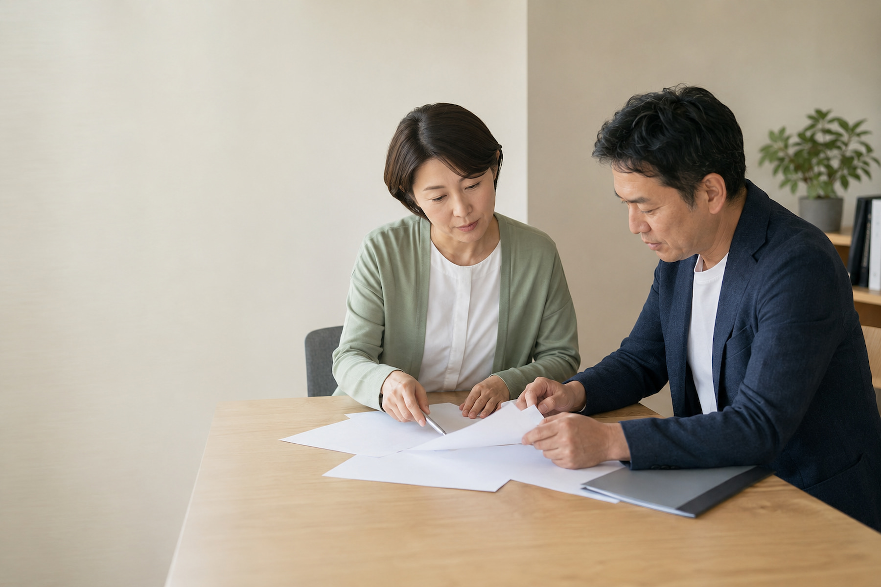 採用と定着について資料を見ながら話し合う中小企業の相談場面
