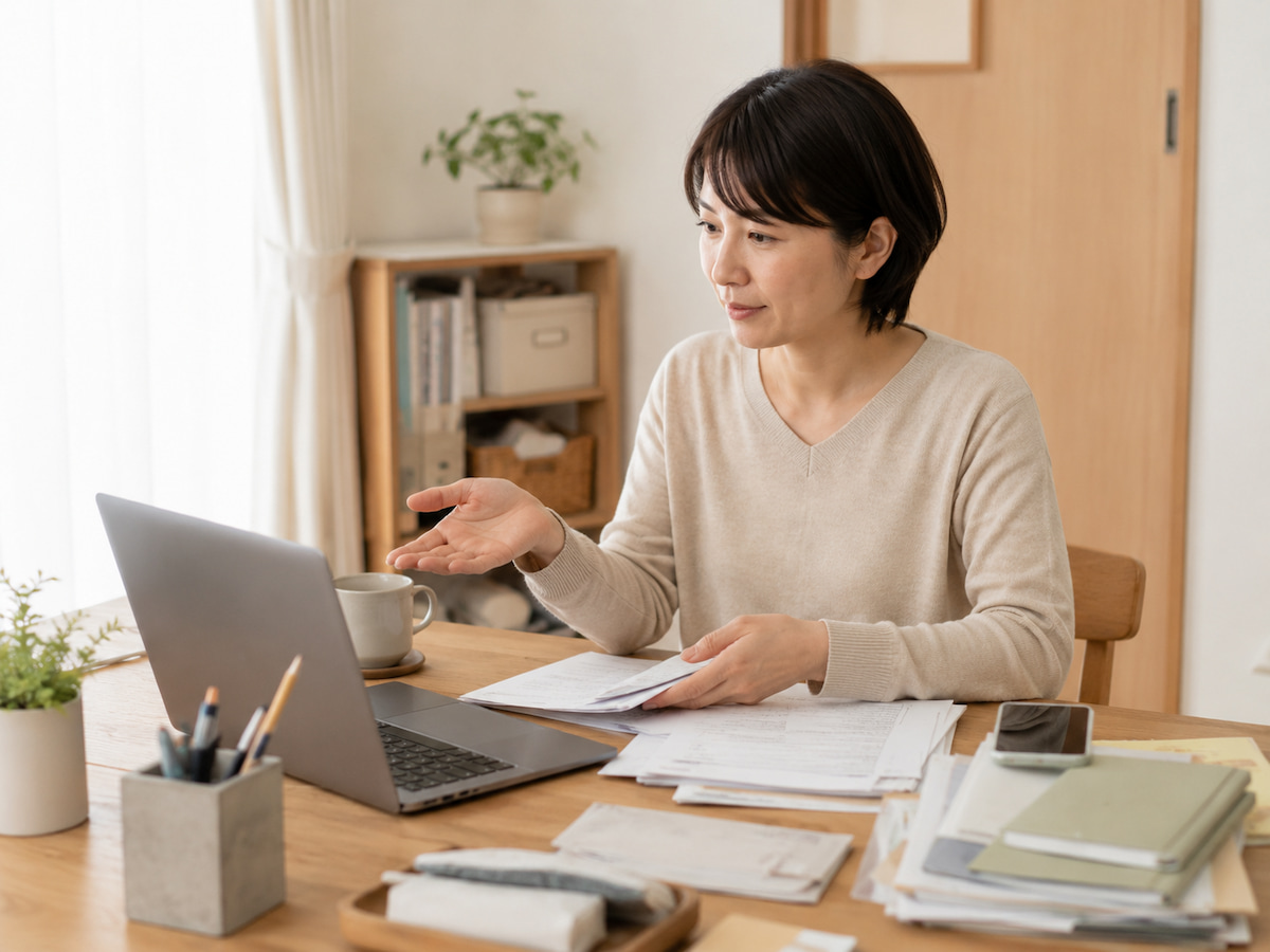 自宅のデスク周りを見せながらオンライン片づけ相談を受ける女性